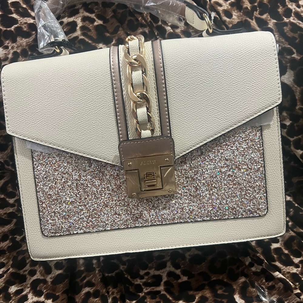 Aldo Cream Glitter Accent Top-Handle Bag with Gold Chain Detail